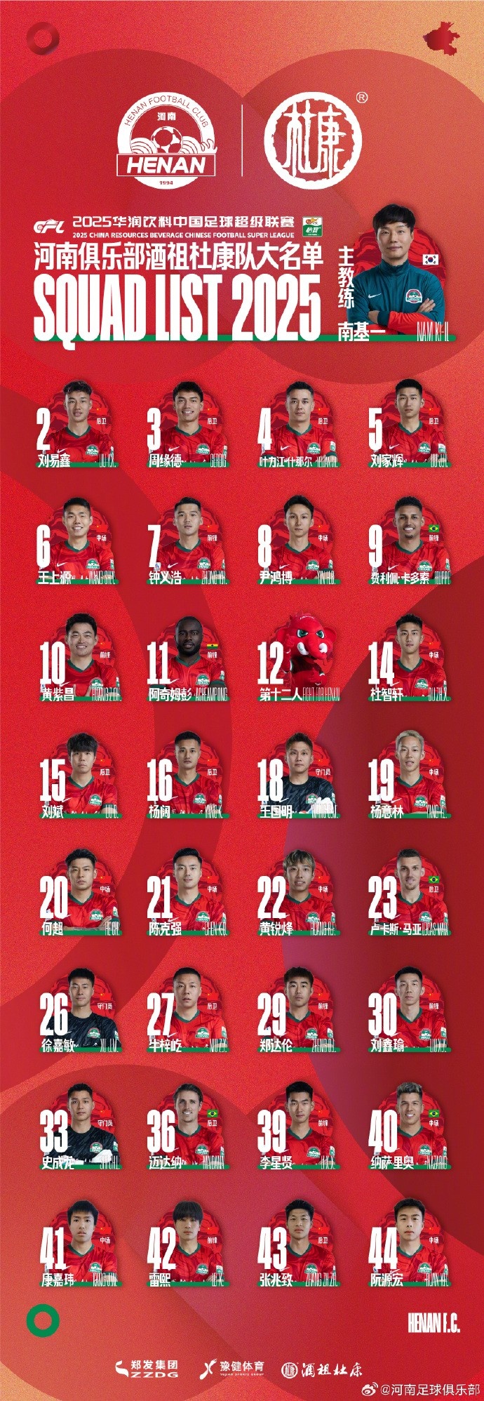 河南隊一線隊名單：5外援領(lǐng)銜，12號授予“第十二人”