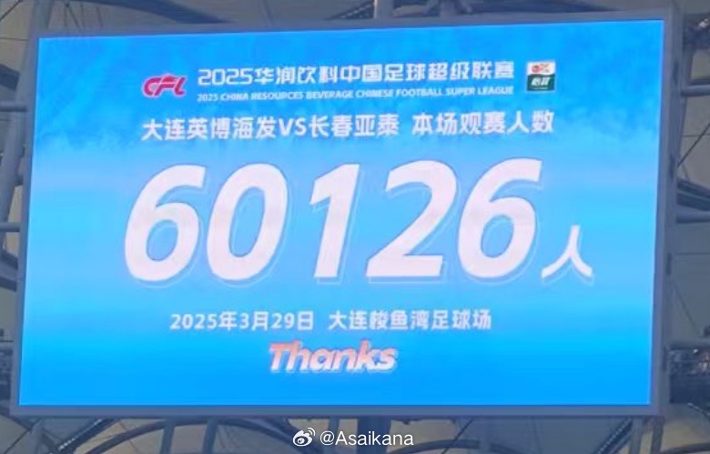 大連英博和長(zhǎng)春亞泰吸引60126名觀眾現(xiàn)場(chǎng)觀戰(zhàn)，中超歷史排名第二